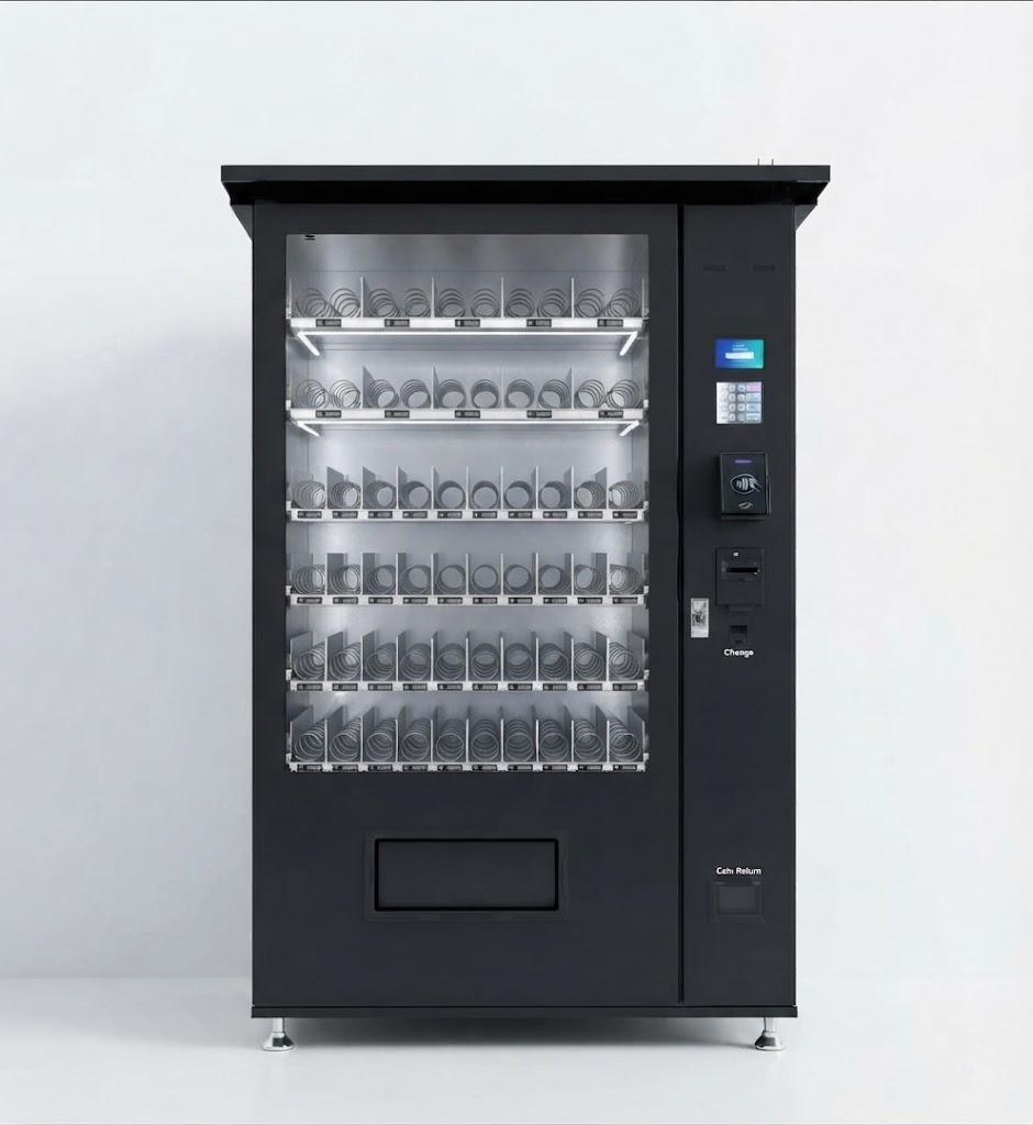Matte-zwarte outdoor vending machine in studio-setting met lege schappen